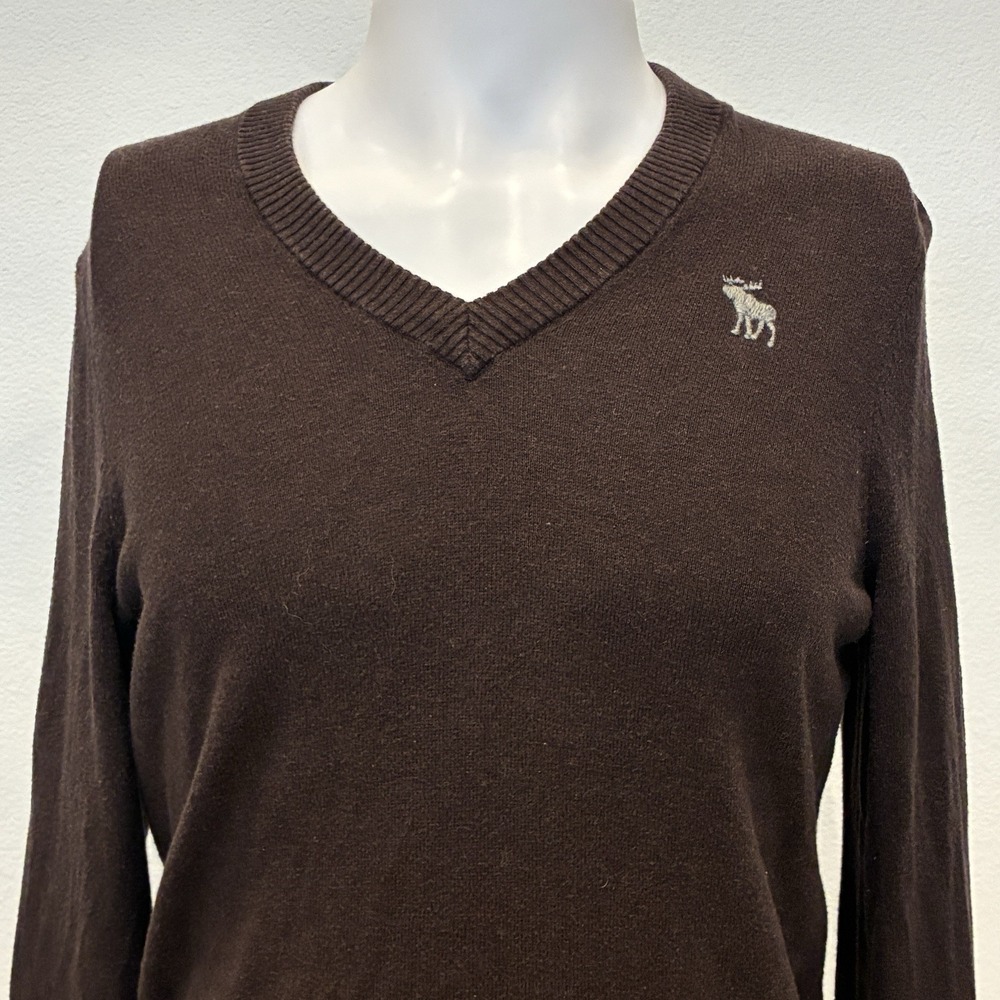 Abercrombie & Fitch Sweater Mens S Brown Wool Cotton Blend V Neck Y2K Moose Logo